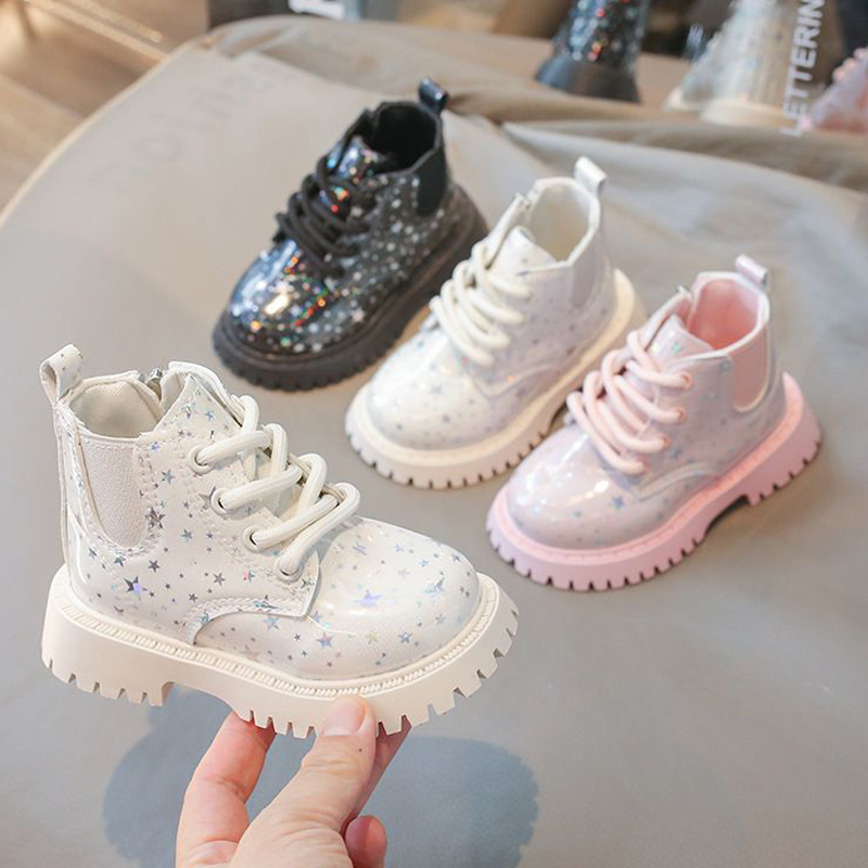 Kids Short Boots Girls Shoes New 2025 Spring Winter Soft Leather Children Boots Fashion Shiny Toddler Kids Ankle Boots Size US5.5C-US12.5C