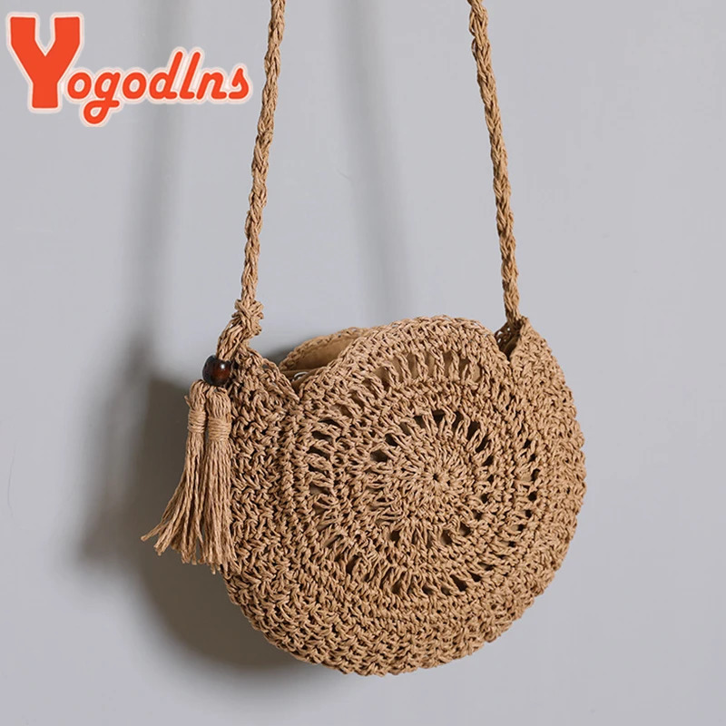 Yogodlns Round Soft Paper Rope Shoulder Bag Tassel Summer Beach Handmade Crossbody Bags Women Hollow Straw Bag Circle Rattan Bag250813