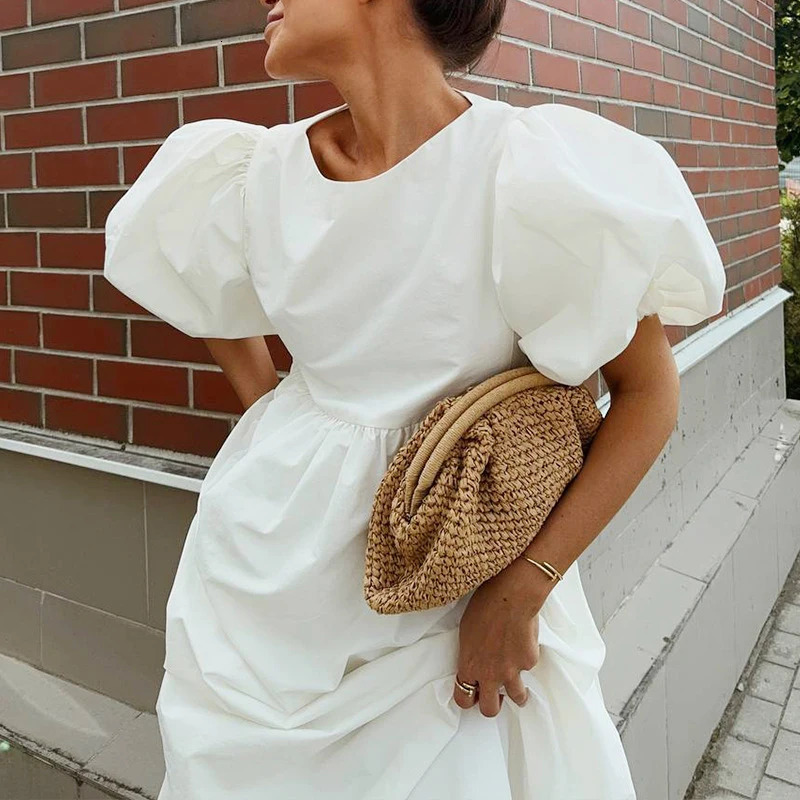 2025 Women Summer Puff Sleeve Bohemain White Long Dress High Waist Loose Style Cotton Boho Maxi Dress Vestidos Clothes 250813