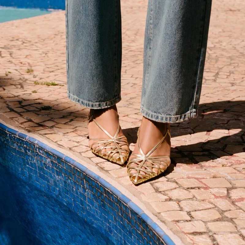 Luxury Gold Brand Heels Women Fashion Narrow Strap Hollow Thin High Heel Summer Sandals Sexy Pointed Toe Slingbacks Dress Shoes W250814
