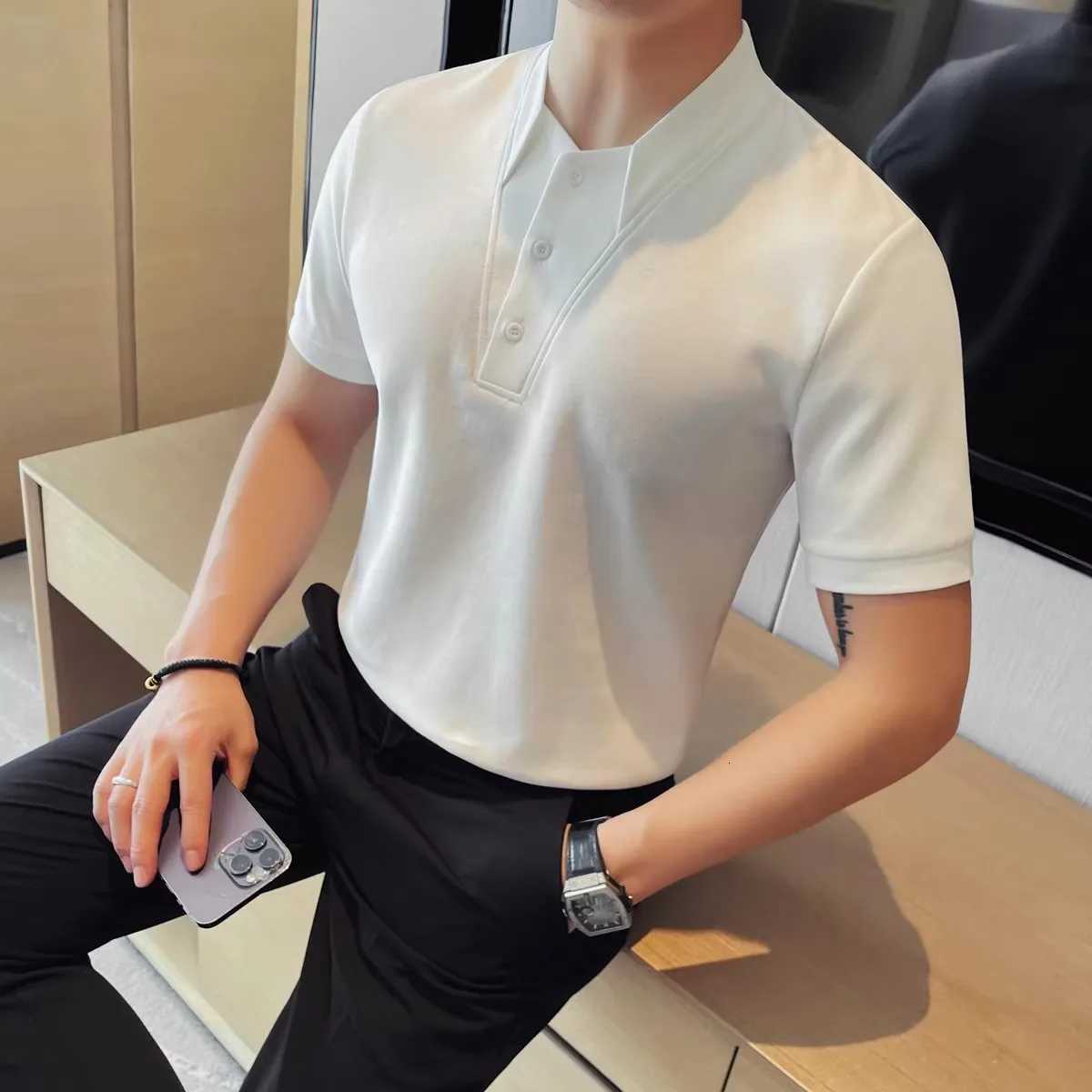Summer Mens Polo Shirts Korean Style Fashion Turn Down Collar Solid Color Short Sleeve Slim Fit Polos Men Fake Two Pieces Tees XJ250804