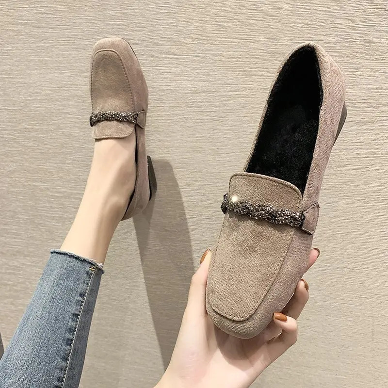 Autumn Winter Women Loafers Low Heels Boat Shoes Square Toe Dress Shoes Chain Faux Suede Plush Warm Ladies Shoes Plus Size 250809