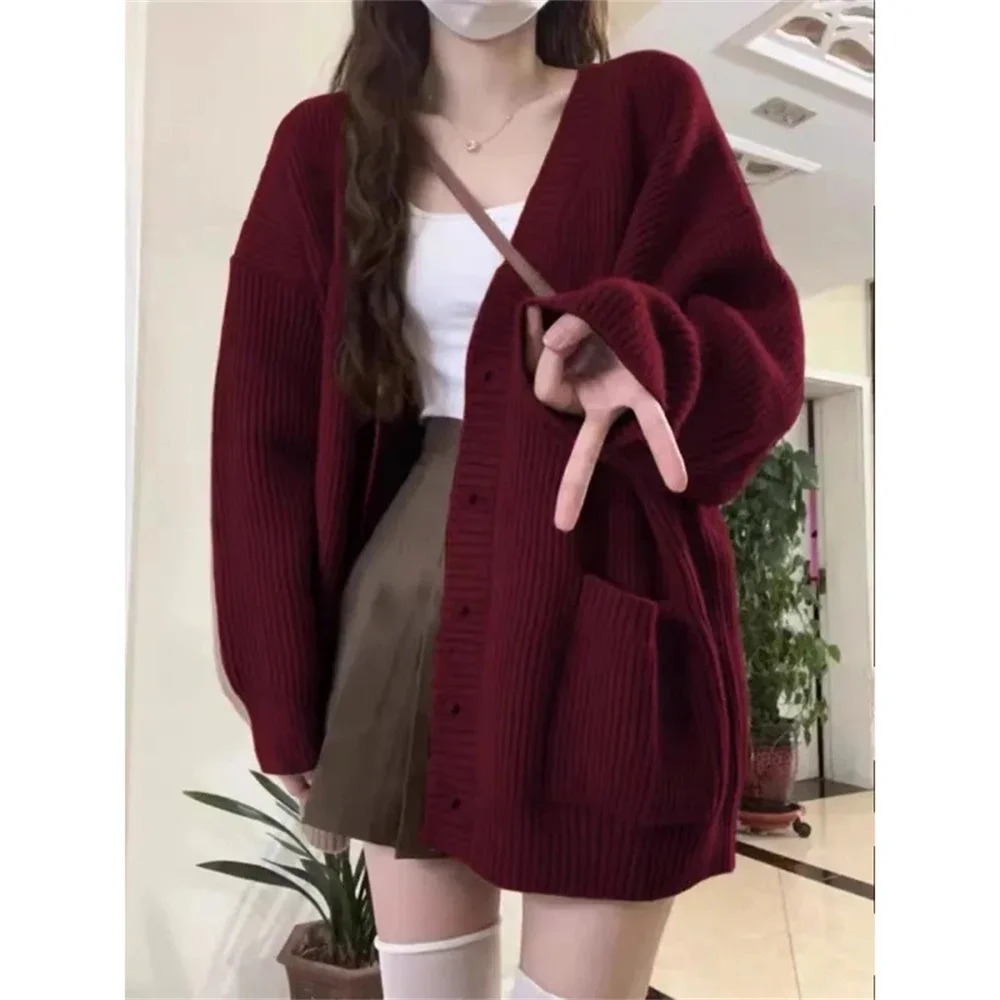 Lazy Style Knitted Cardigan Jacket Female Burgundy Sweater Students Autumn Winter Loose Oversized Year Trendy Coat Tops Gift 250812