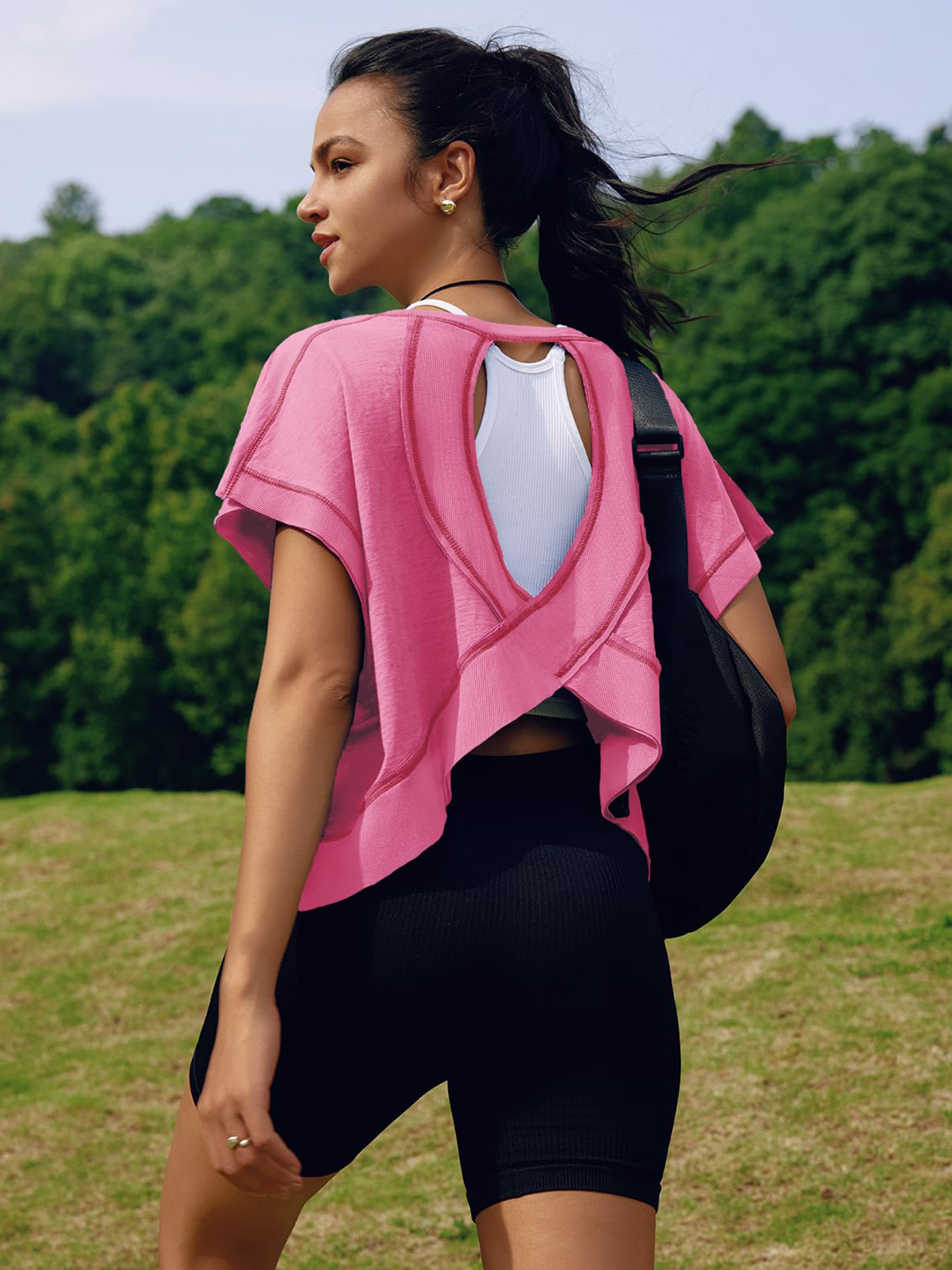 Women's T Shirts Short Sleeve Workout Shirts Open Back Tops Casual Yoga Y2k Athletic Gym Slouchy Crop Running Tees