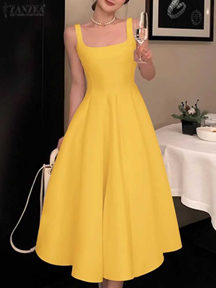 2024 Summer Holiday Waisted Casual Square Collar Midi Dress ZANZEA Women Sleeveless Tank Dress Vintage Solid A-line Dress XJ250814