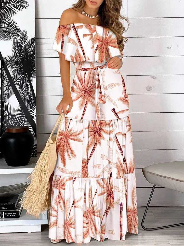 Fashion Print Off Shoulder Long Dresses Women Summer Ruffles One-piece Collar Lace-up Maxi Dress Fe Comting New DressesXJ250814