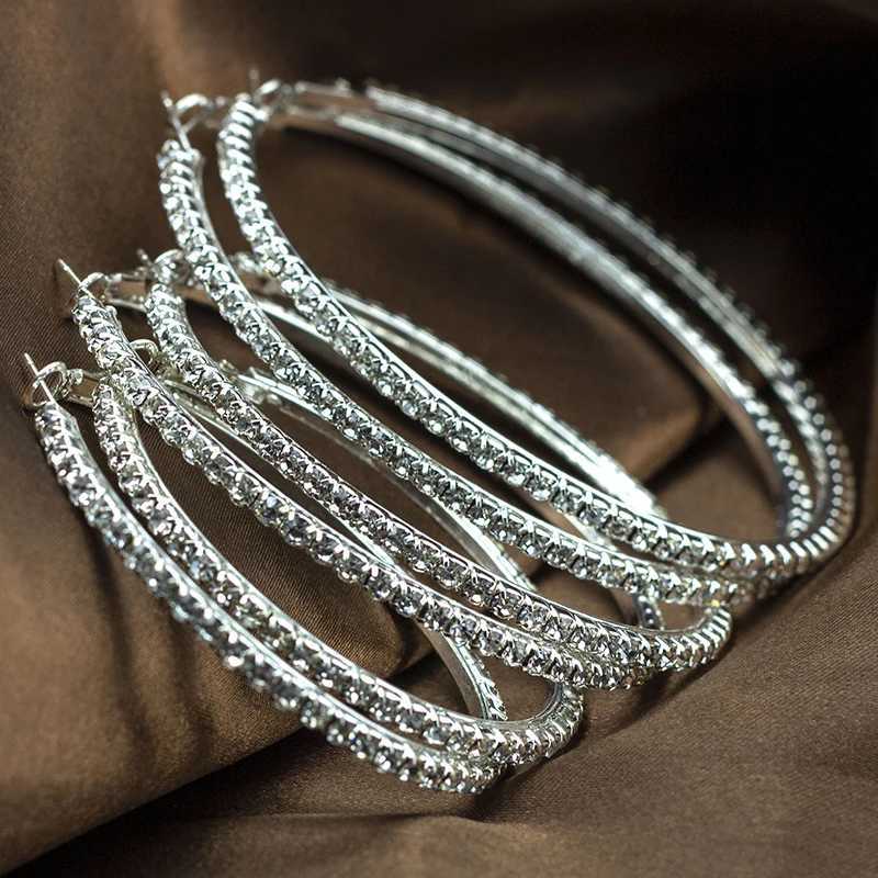 Popular Earrings with Rhinestones 20mm-90mm Crystal Circle Hoop Earrings Simple Big Circle Silver Plated Hoop Earrings for Women XJ250814