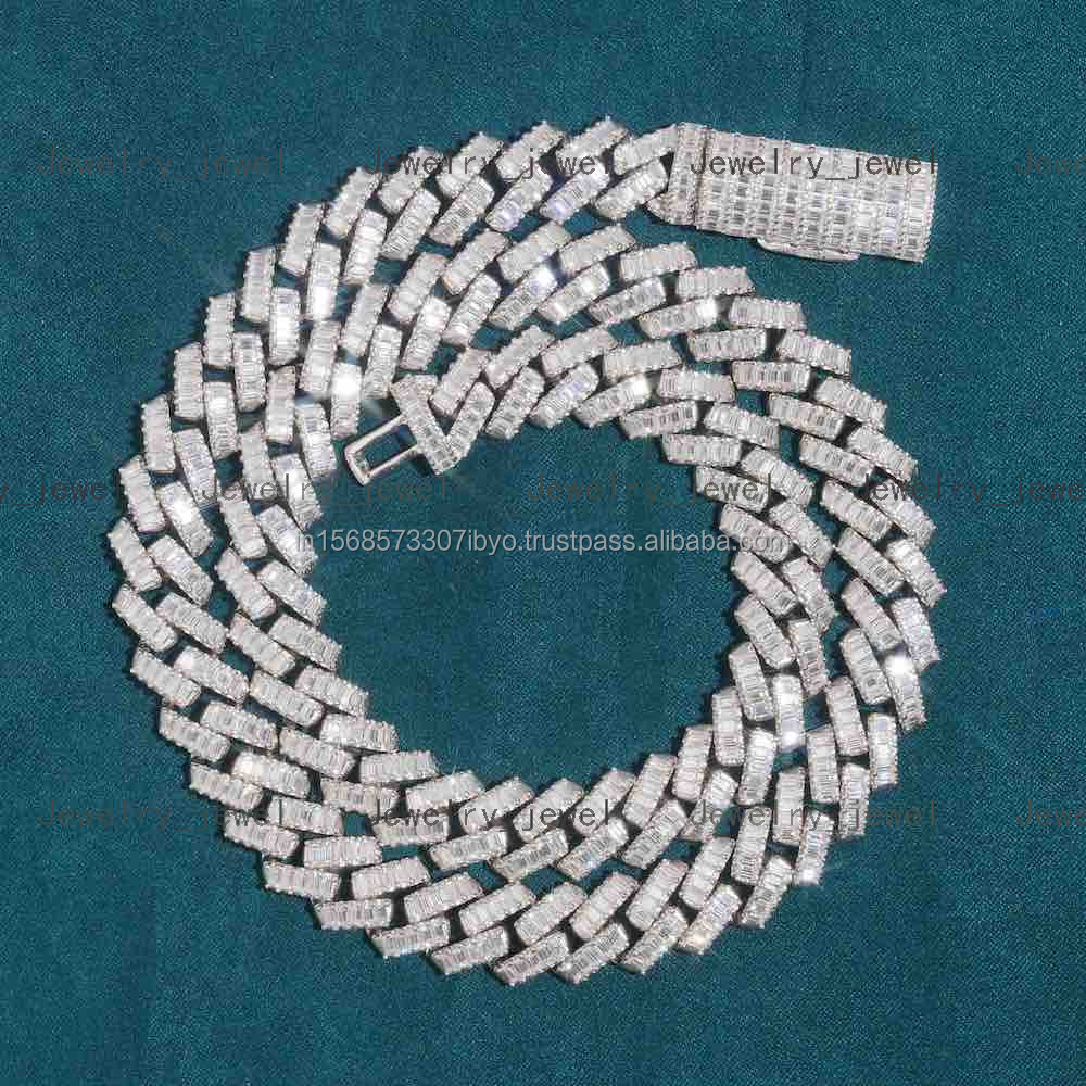 Premium 20mm Round and Baguette Moissanite Diamond Men Cuban Link Iced Out Rapper Chain Available From India