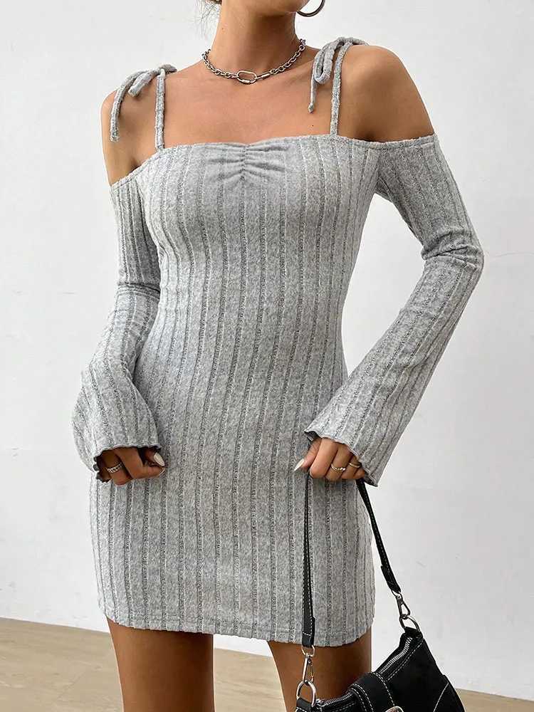 Spring New Dresses Women Streetwear Fashion Long Sleeve Lace-up Casual Slim Mini Dress Solid Sexy Off Shoulder Backless Dresses XJ250814