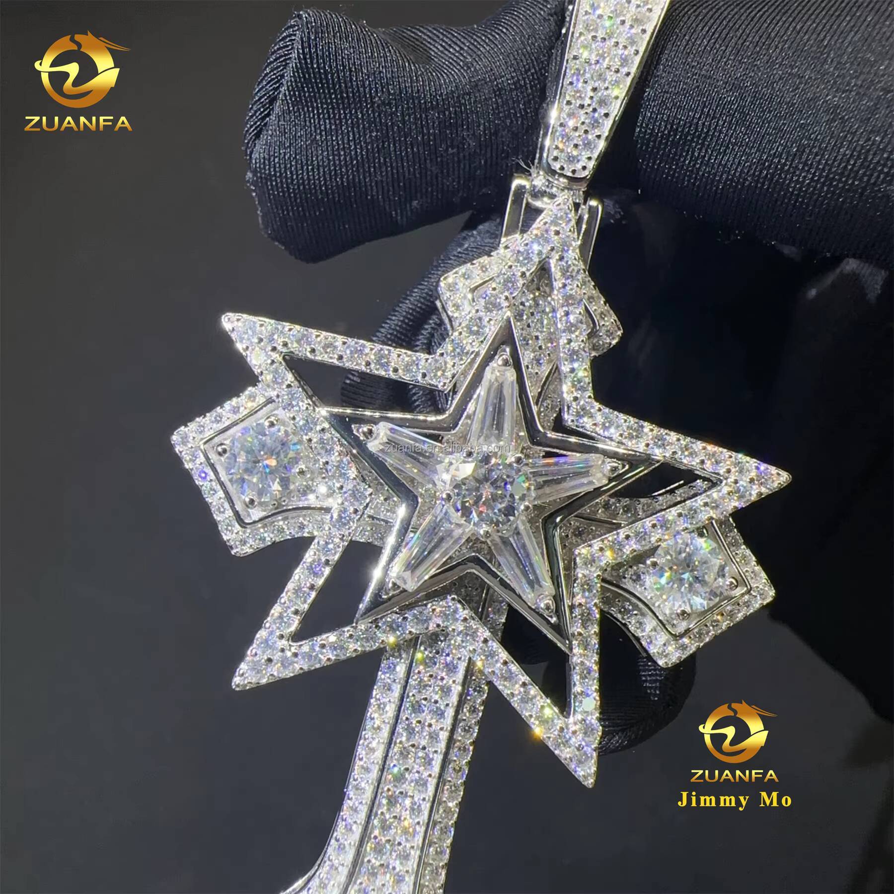New Arrivals in Stock Iced Out Hip Hop Stylish Rapper Jewelry 925 Silver Vvs1 Moissanite Diamond Star Shape Cross Pendant Men