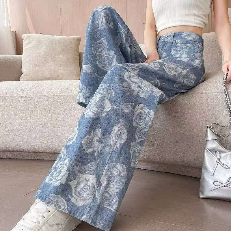 European and American street straight tube slim women high waist jeans punk fashion popular drag pant casual wide leg pants