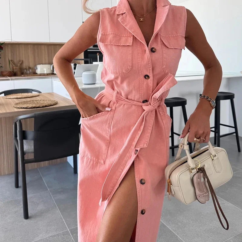 Elegant Laple Collar Lace-up Solid Denim Dress Casual Sleeveless Pocket Slim Long Dress Women Fashion Button Waist Party Dresses 250813