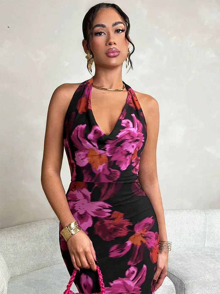 Women New Dresses Summer Streetwear Fashion Halter Casual Slim Dress Red Sexy Print Sleeveless Lady Ele Mesh Dress Clothing XJ250814