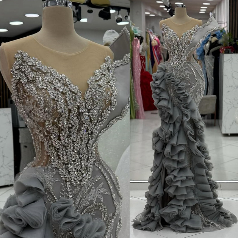 Mermaid Silver Prom Dress 2025 Evening Dresses For Special Occasions Sheer Neck Beaded Lace Crystals Tiered Tulle Birthday Dress Second Reception Gown