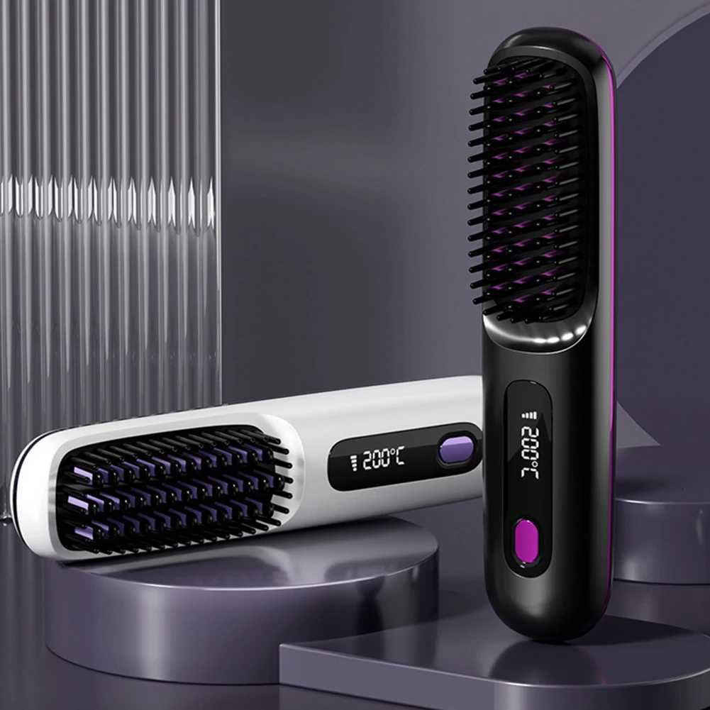 Electric Hair Straightener Brush Ceramic Heating Electric Brush Cordless Anti-Scald Ionic Hot Comb LED Display Hair Straightener W250814