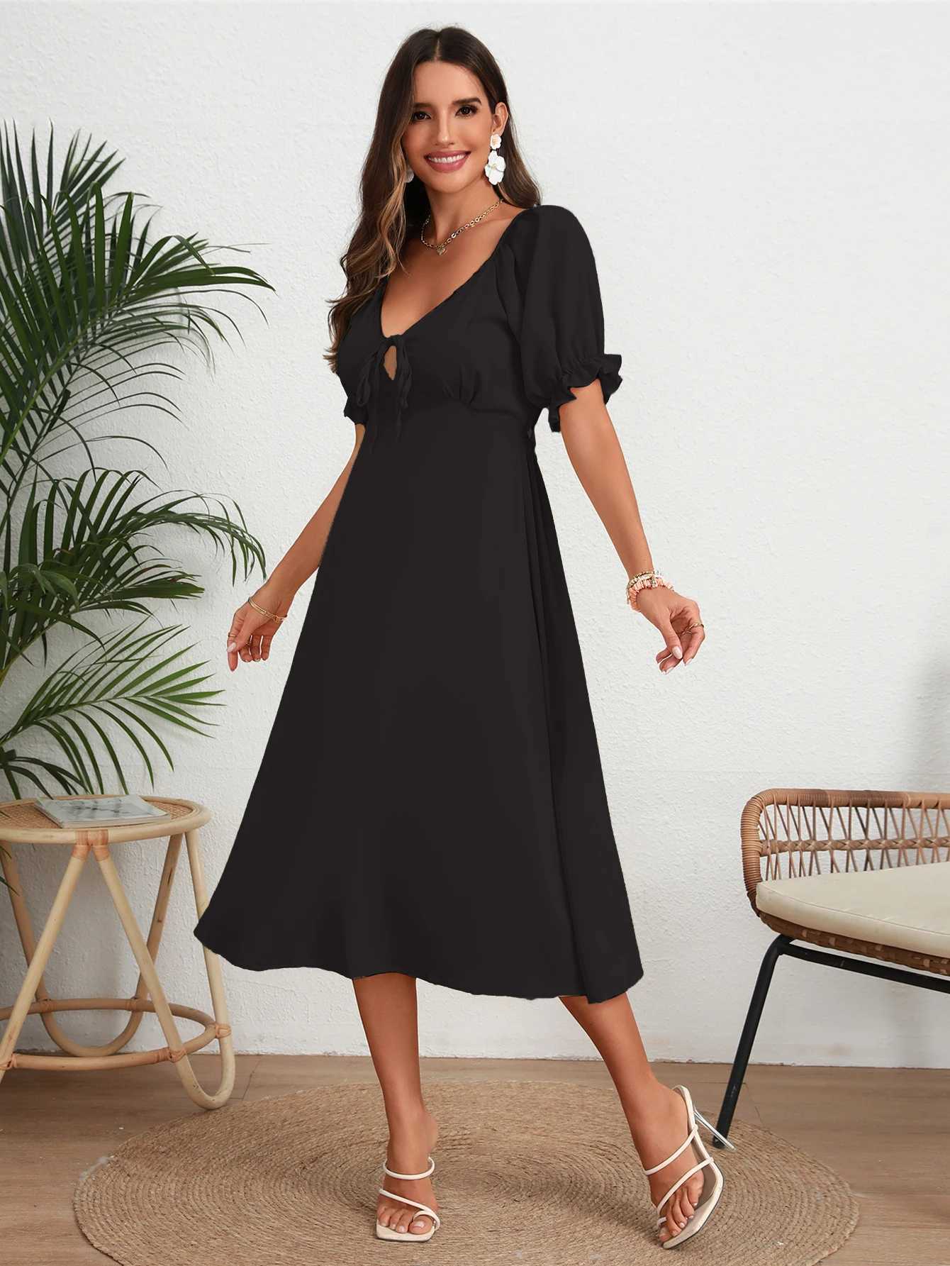 Summer Solid Color Ele Womens Dress New Back Lace Up Deep V Neck Lantern Sleeve Long Dresses XJ250814