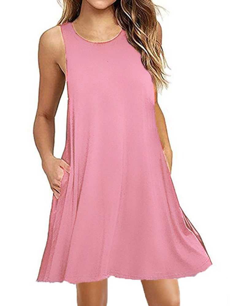 With Pocket Solid Color Sleeveless Loose Dress Women O Neck Mini Casual Dress Office Club Party Dresses XJ250814