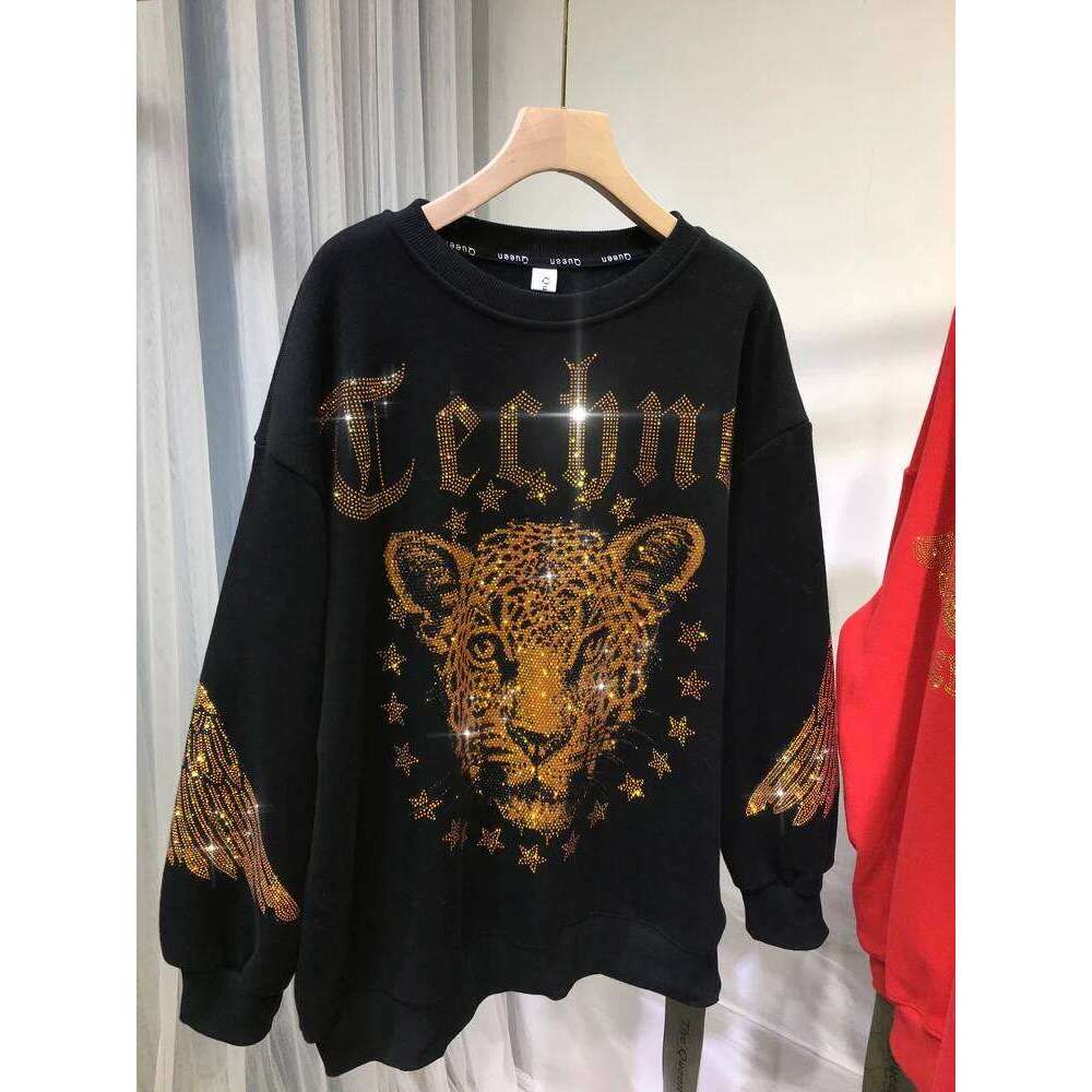 Add 300 pounds fat people wear rhinestone dia round neck women's sweatshirt spring and autumn fashion leopard pattern shirt