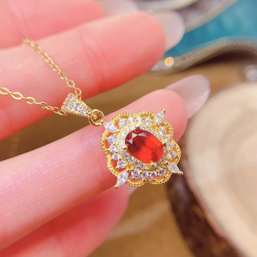 18K gold plated 925 silver fanta garnet pendant 5mm*7mm natural garnet necklace pendant 45cm 925 silver necklace
