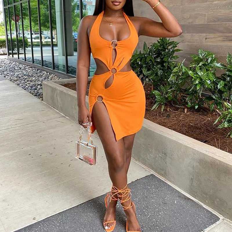 2022 Summer Dresses for Women High Street Stretch Slim Hollow Sexy Mini Bodycon Dress Ele Orange Sleeveless Club Party Sundress XJ250814