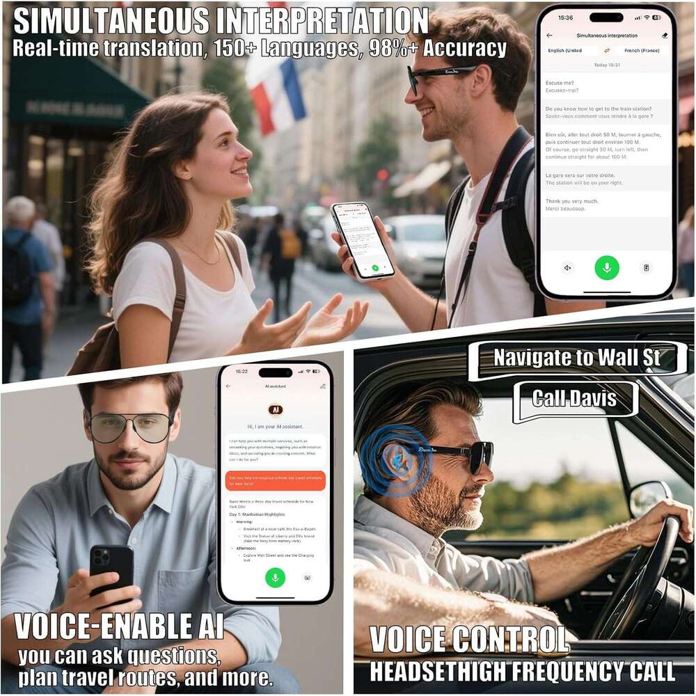 Dormiro AI Smart Glasses with 150+ Languages Real-Time Translation Nano IPX7 Waterproof Polarized Bluetooth Sunglasses Men Touch Control UV Protection