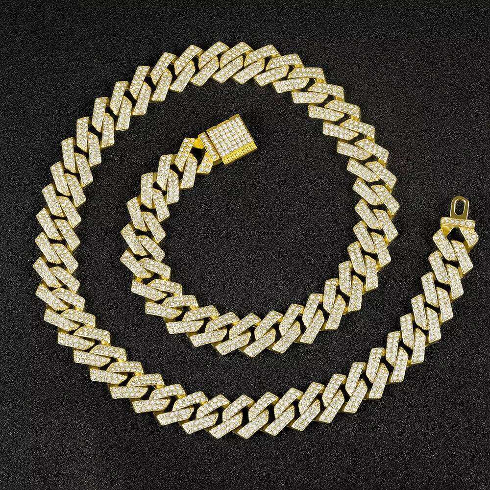 15MM Moissanite Cuban Link Chain Gold Plated Alloy Fashion Jewelry Hip Hop Necklace Bracelet for Men