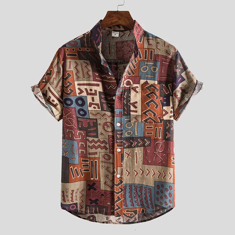 Mens Cotton Polyester Summer Short Sleeve Shirt Boho Geometric Pattern Hawaiian Beach Male Shirts Casual Blouse For Men 250804