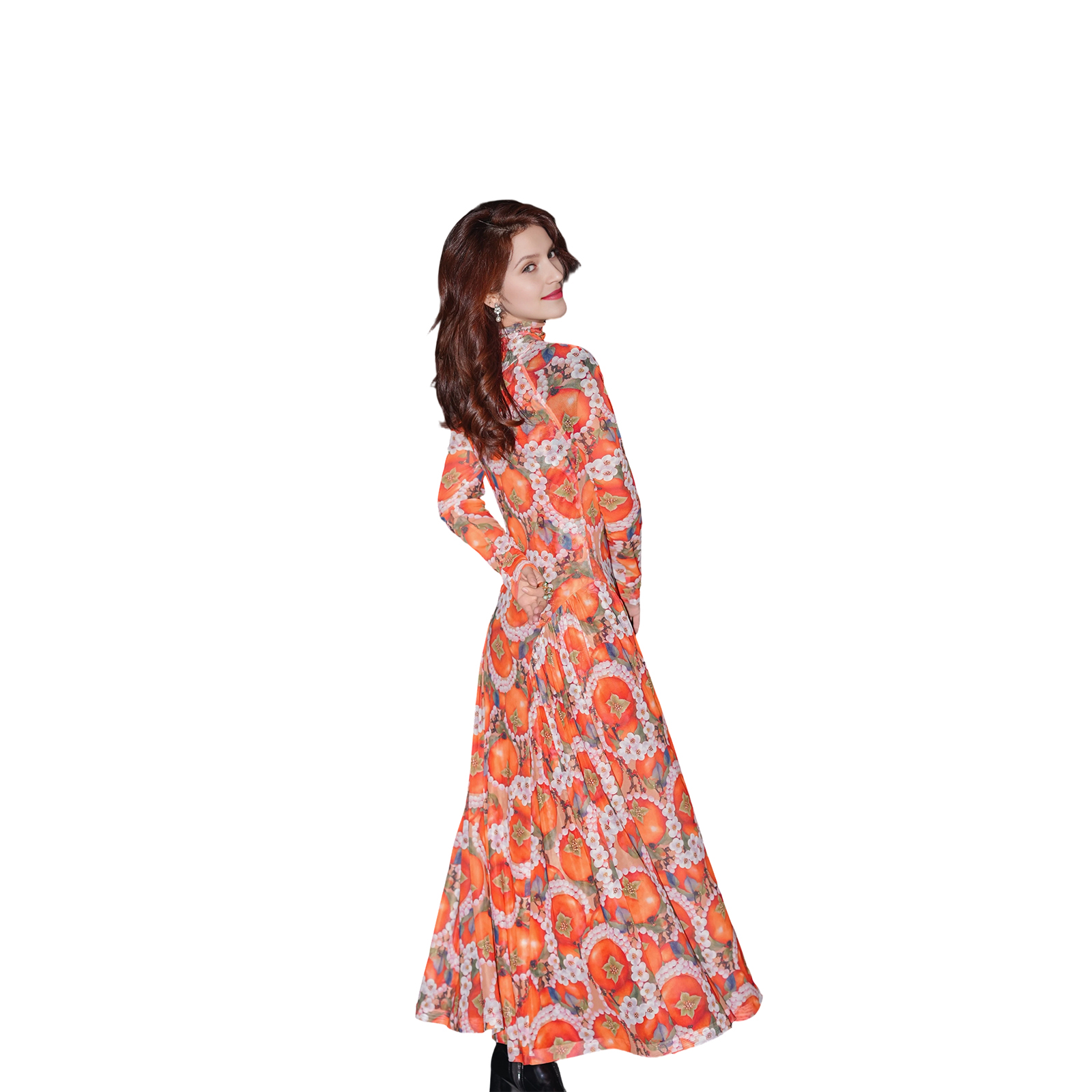 hzhj good persimmon connection long sleeved dress is elegant highend and fashionable for woman in fashion shows festival party business birthday
