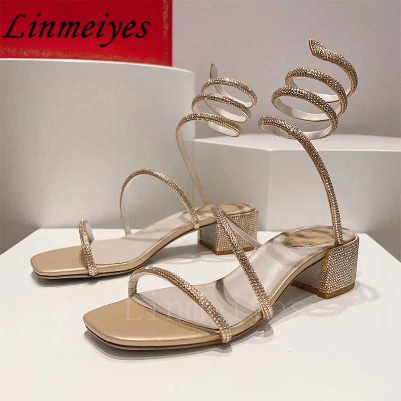 2024 Summer Crystal Sandals Women Ankle Snake Twine Around Wedding Shoes Female Square Heels Sandals Woman W250814