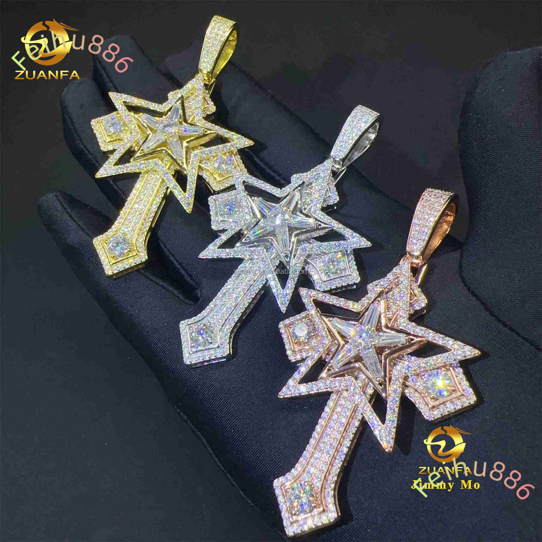 New Arrivals in Stock Iced Out Hip Hop Stylish Rapper Jewelry 925 Silver Vvs1 Moissanite Diamond Star Shape Cross Pendant Men
