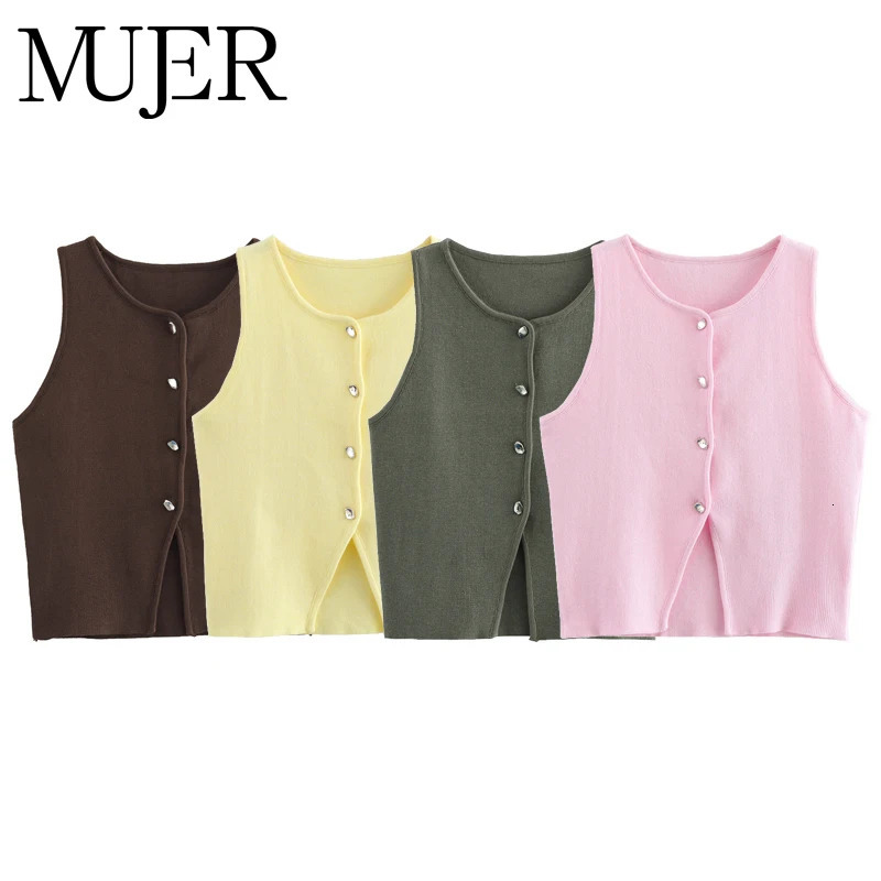 MUJER Pink Knit Sleeveless Vest Women Cropped Sweater Top Yellow Button Streetwear Waistcoat Knitwears 250805