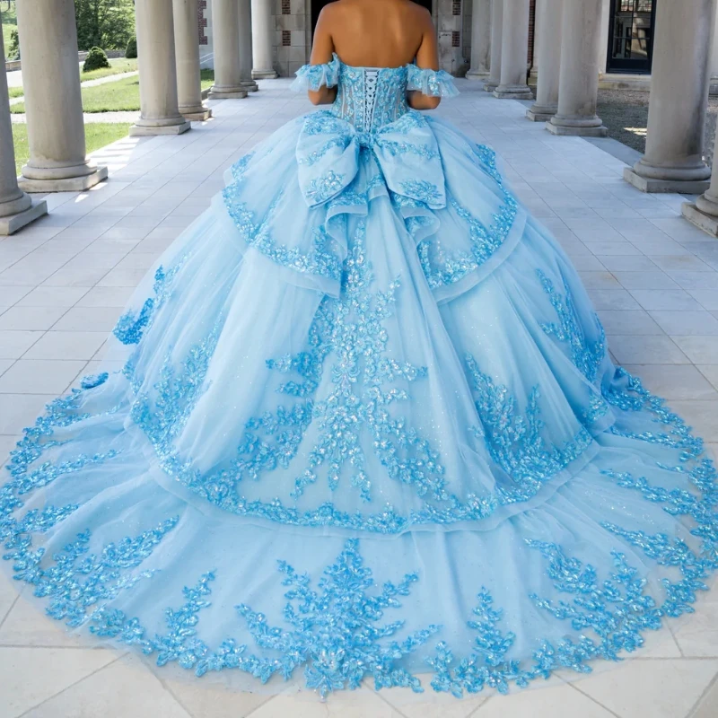 Sky Blue Shiny Ball Gown Quinceanera Dresses Off the Shoulder Applique Lace Beads Bow Tull Party Birthday Sweet 16 Dress Vestidos 15 Anos