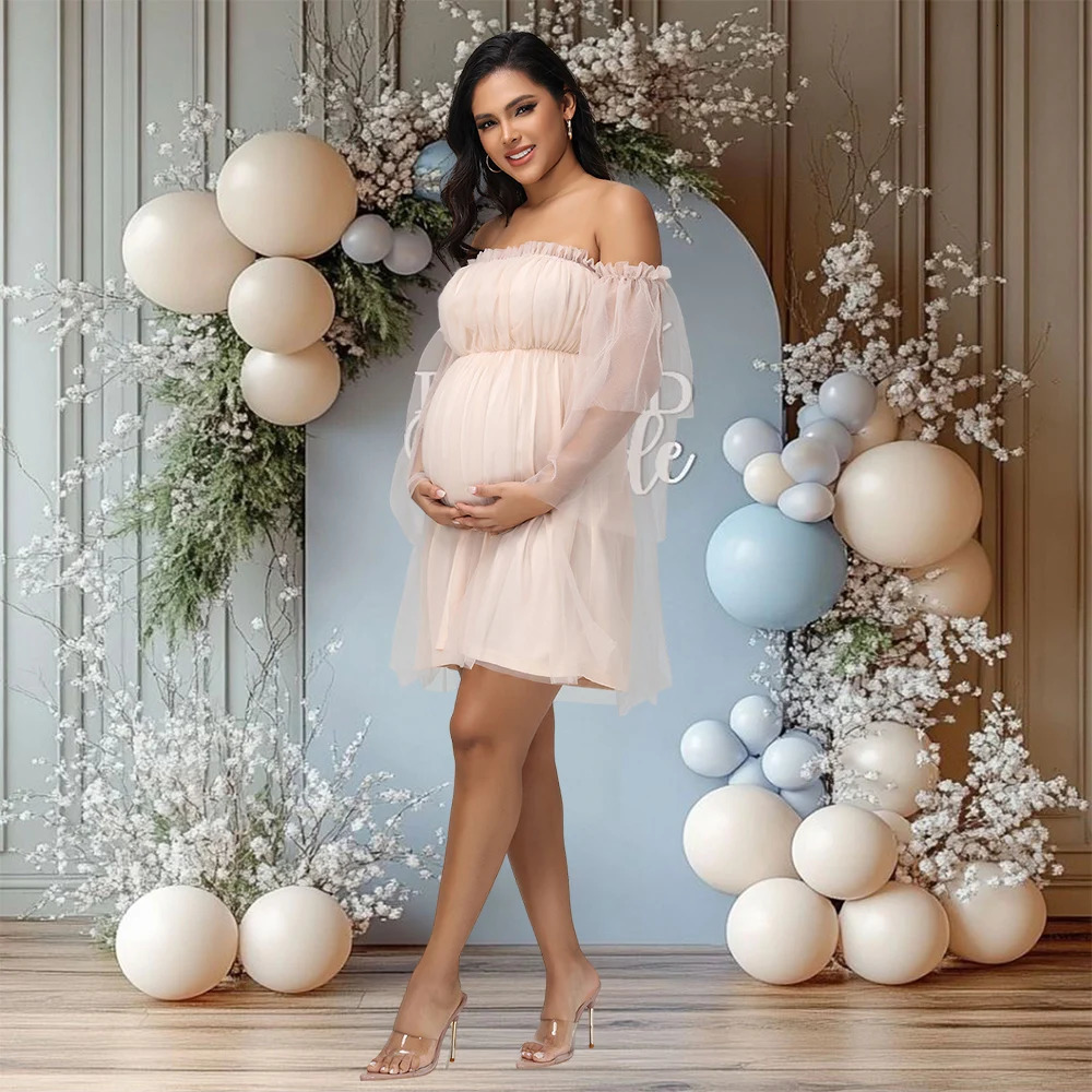 Maternity Mesh Pography Gown Long Sleeves Off-shoulder Elegant Summer Short Dress for Baby Shower Poshoot 250813