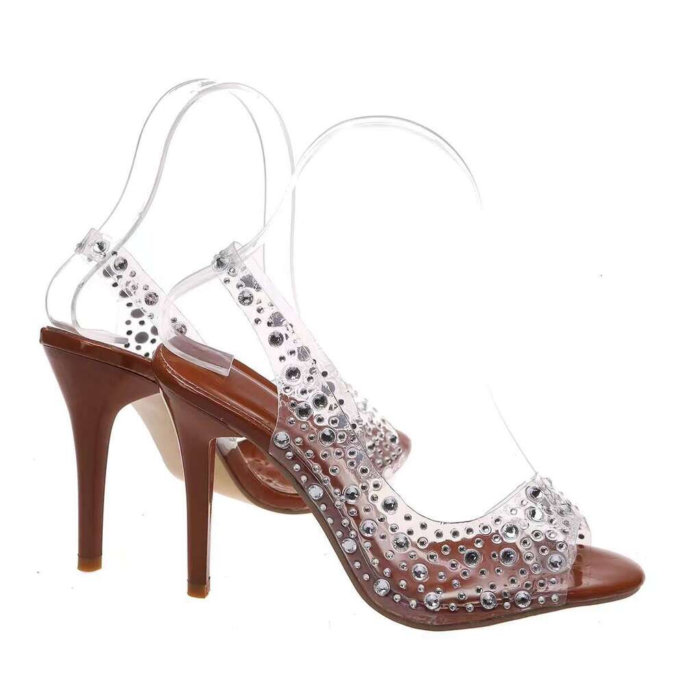 Designer Plus shoe Size Rhinestone High Heel Open Sandals for Women Pointed Back Strap Crystal Peep Toe Fashion Shoes