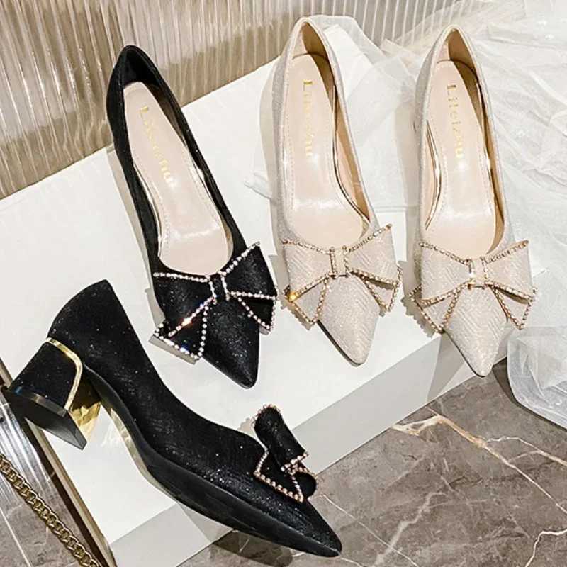 2025 Spring New Pointed Toe Crystal Butterfly-knot Shoes for Women Pumps Ladies Med Heel Luxury Dress Party Wedding Shoes Female W250814