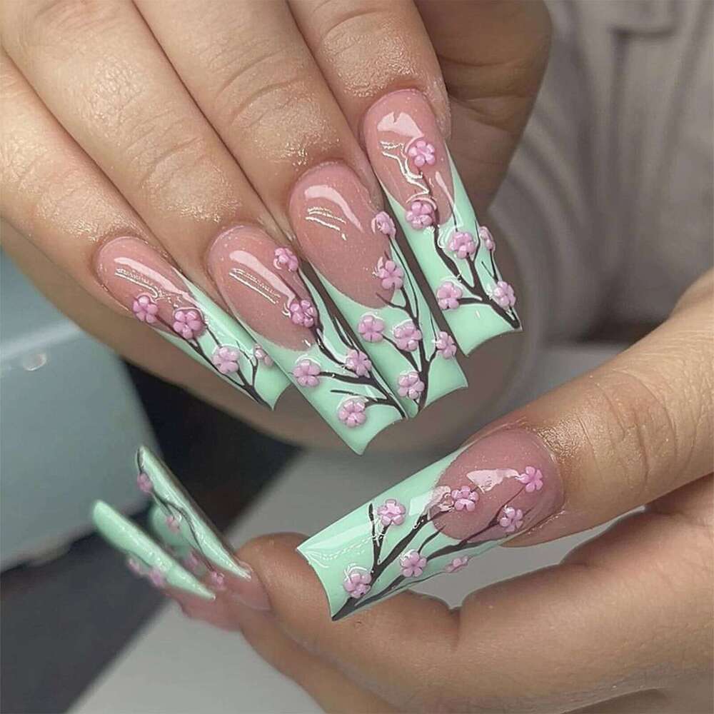 24pcs Long Ballerina Fake 3d Flowers Decor Green French Press on Full Cover Wearable European Spice Girl False Nails X250814