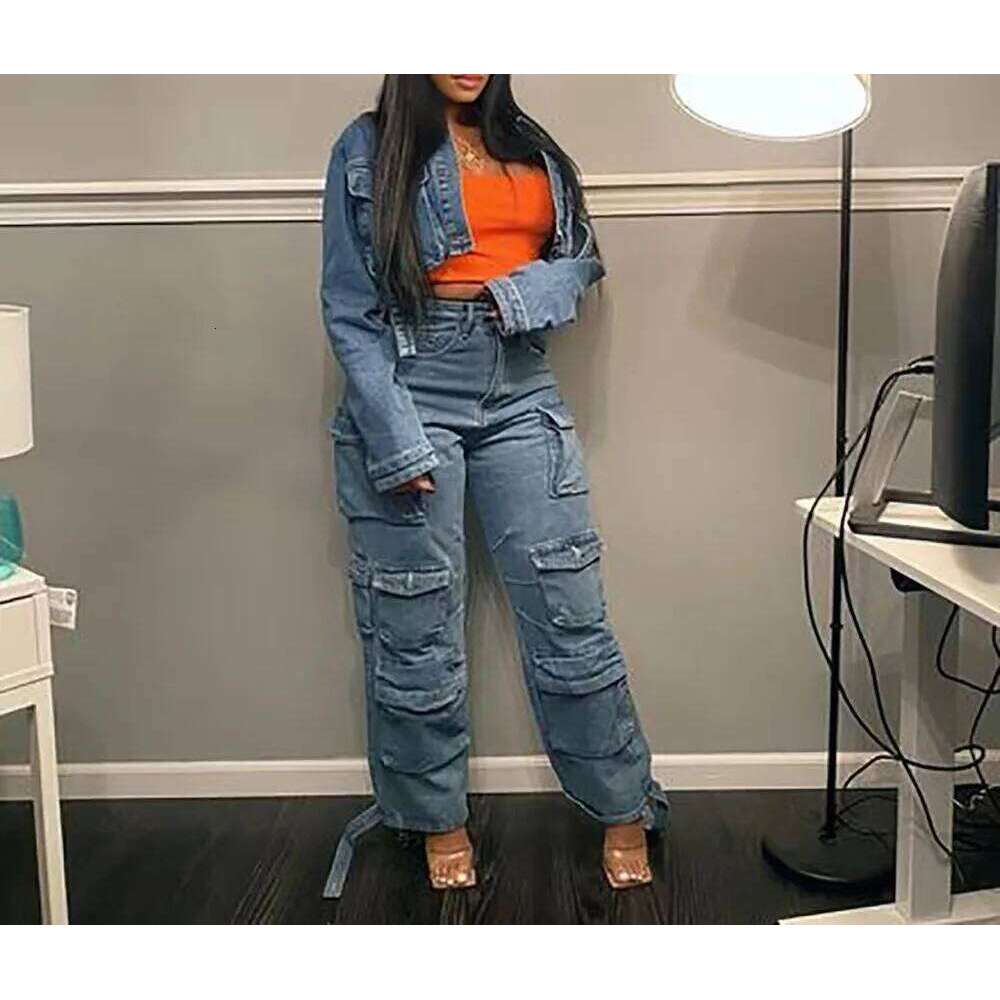 Europe The United States High-waisted Multi-pocket Long Jeans, Women's Spring and Autumn New Trend Loose Splice Cargo Jeans