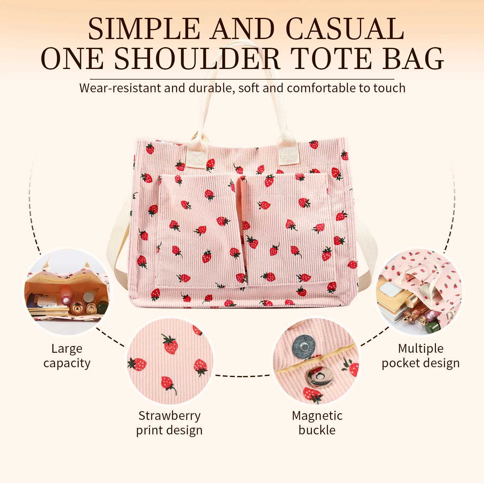 Tote Bag Cute Strawberry Patched Purse for Women Fabric Large Capacity Tote Purse Enduring Tote Bag with Adjustable Shoulder Y250813