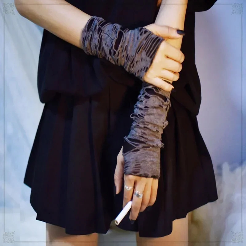 Gothic Black Fingerless Long Gloves Punk Hole Half-finger Glove Arm Warmer Beggar Cosplay Halloween Costume Accessories 250813
