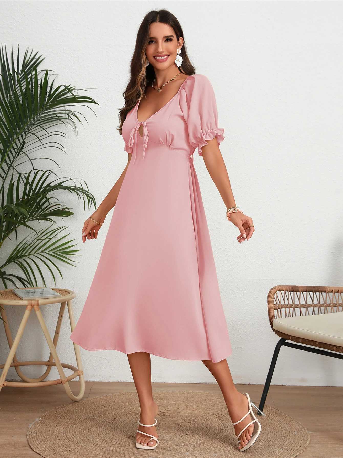 Summer Solid Color Ele Womens Dress New Back Lace Up Deep V Neck Lantern Sleeve Long Dresses XJ250814