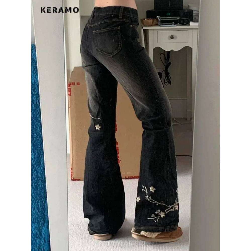Weekeep Floral Embroidery Vintage 2000s Low Rise Flared Jeans Women Retro y2k Baggy Denim Pants High Street Basic Trousers
