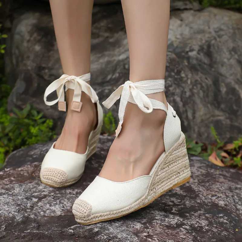 2024 Womens Espadrille Ankle Strap Sandals Comfortable Slippers Ladies Womens Casual Shoes Breathable Flax Hemp Canvas Pumps W250814