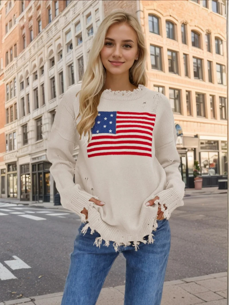 Womens Beige/Navy Blue America Flag Print Ripped Pullover Sweater Distressed Frayed Round Neck Long Sleeve Thick S-XL 250808