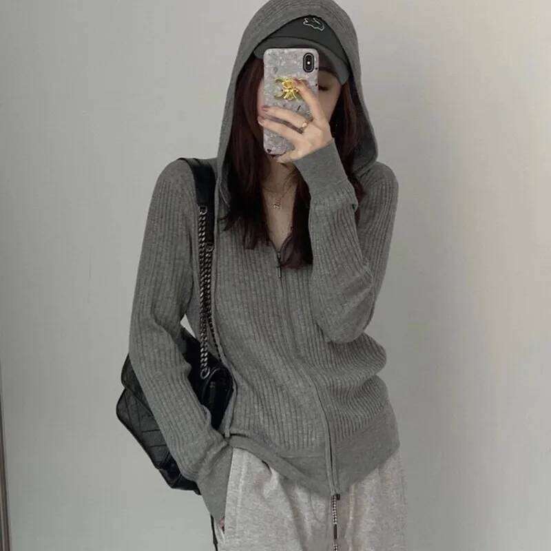 Western Style 2022 Spring And Autumn Grey Hooded Cardigan Wool Hoodie Feminine Base Loose Knit Jacket Sweater 20250809