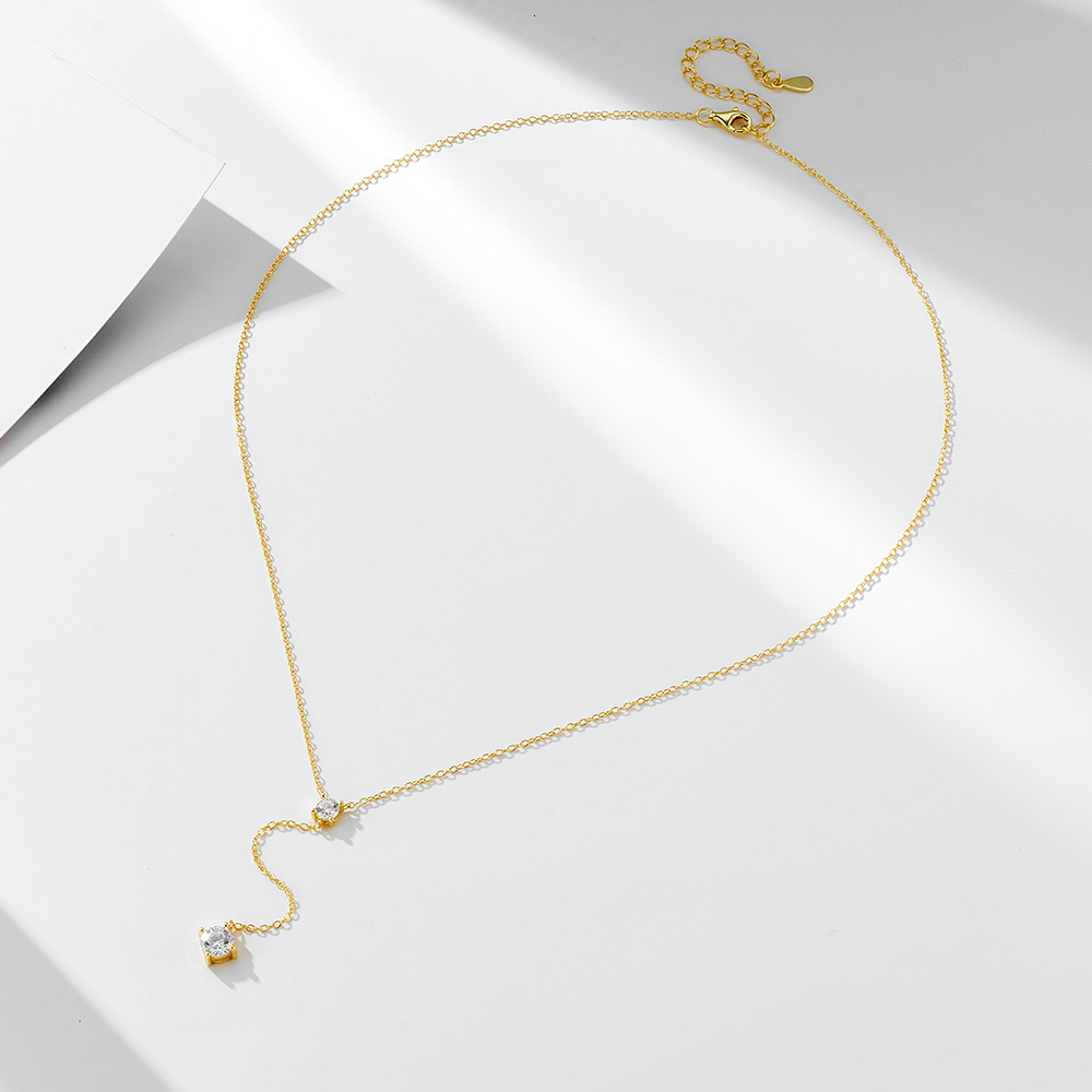 S Pure Sier Y-Shaped Tassel Collarbone Necklace for Women, Ins Style Simple Dia-Studded Light Sweater Chain