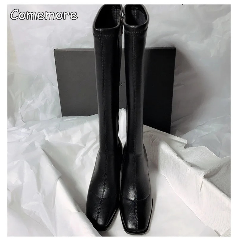 Comemore 2025 High-heeled Tight Boots Simple But Knee-length Boot Square Head Female Fashion Ladies Shoes Sexy Heels 250812