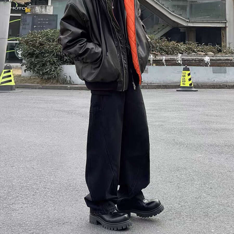 Washed Loose Scimitar Denim Pants Casual Deconstructed Niche Trend B5