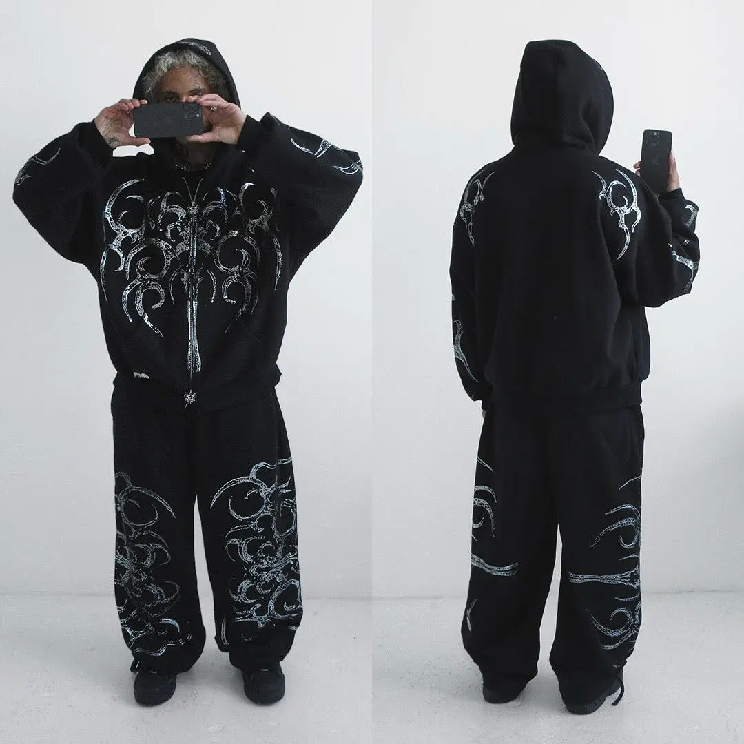 Streetwear Sportswear Two Piece Set Mens Womens Hip Hop Rock Print Oversized Hoodie Sweatshirt Harajuku Retro Casual Sweatpants 250813