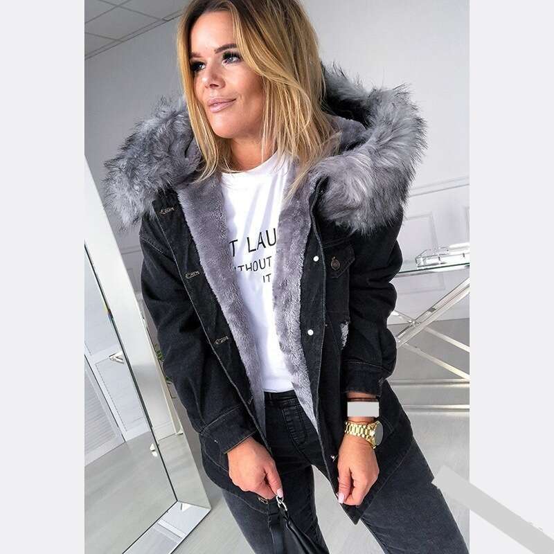 Winter Vintage Ripped Pocket Stitching Baggy Coat Women's Denim Plush Coat Women Long Sleeve Single-Breasted Hooded Denim Jacket