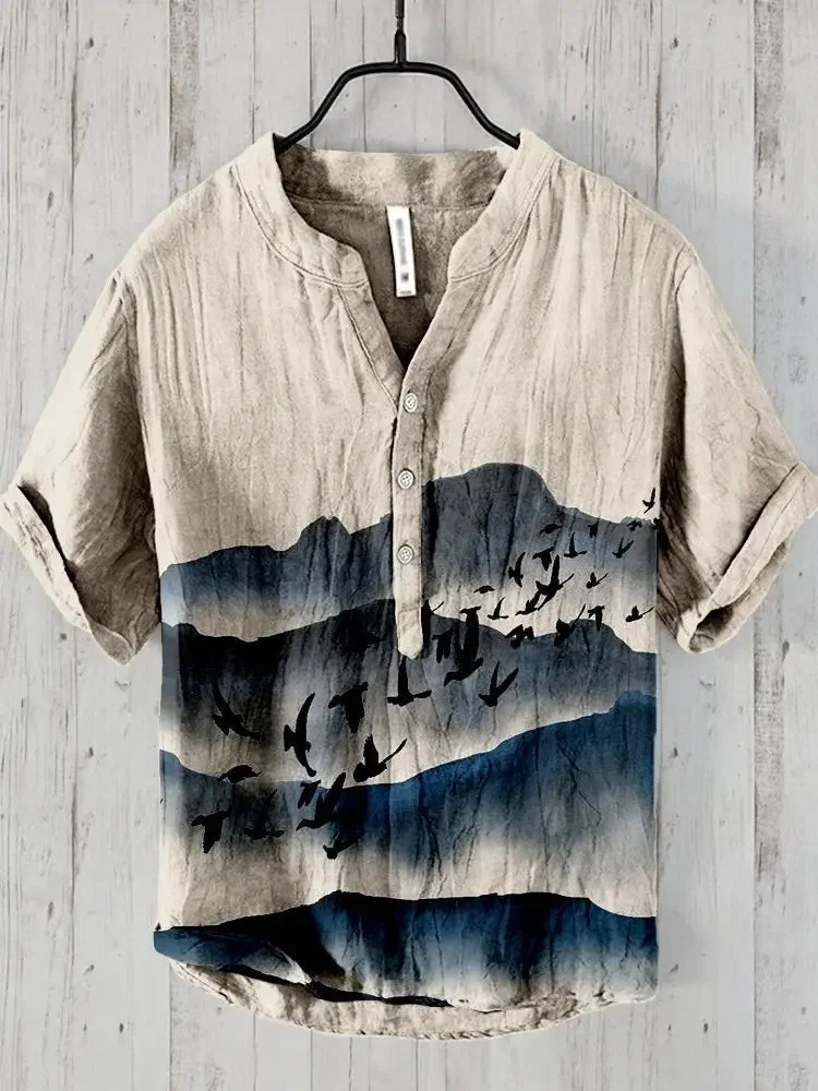 2025 mens Linen shortsleeved Shirt Fashion Casual Printed Tops European And American Style Clothing 250808